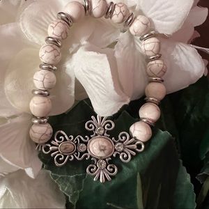 Sideway Cross Silver and Ivory Bead Stretch Bracelet